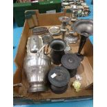 A mixed lot of silver plate and metal ware including candlesticks, vases etc.