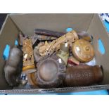 A box of mixed carved treen items, horn beakers etc.