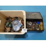 A Box of vintage costume jewellery and a box of badges and buttons