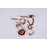 A collection of scrap jewellery comprising 9 ct broken chains, fob chain parts, two rings missing