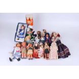 A good collection of souvenir dolls, various ages and materials, 30cm and smaller.