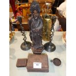 Eight assorted curios including trench art vases, oriental figure and tobacco box and a pair of