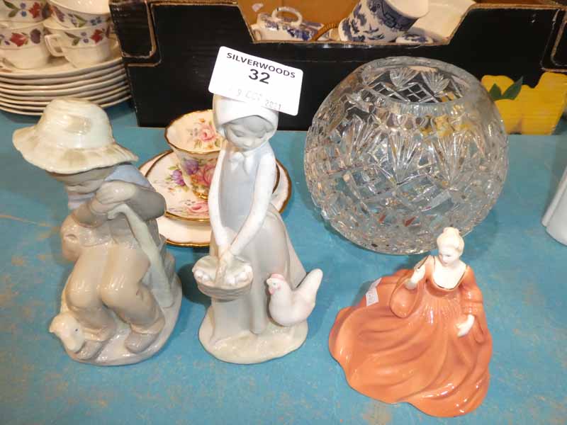 A china floral decorated trio, Coalport Natalie , crystal glass bowl and two Zaphir figures