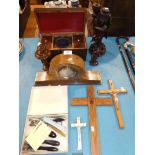 Treen including Chinese hardwood holy man, marble clock, crucifixes, tea caddy, finial and a tray of