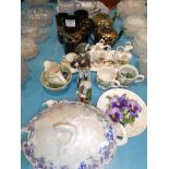 Mixed table pottery including Blue and White lidded tureen on oval plate, 5 x Jackfield items,