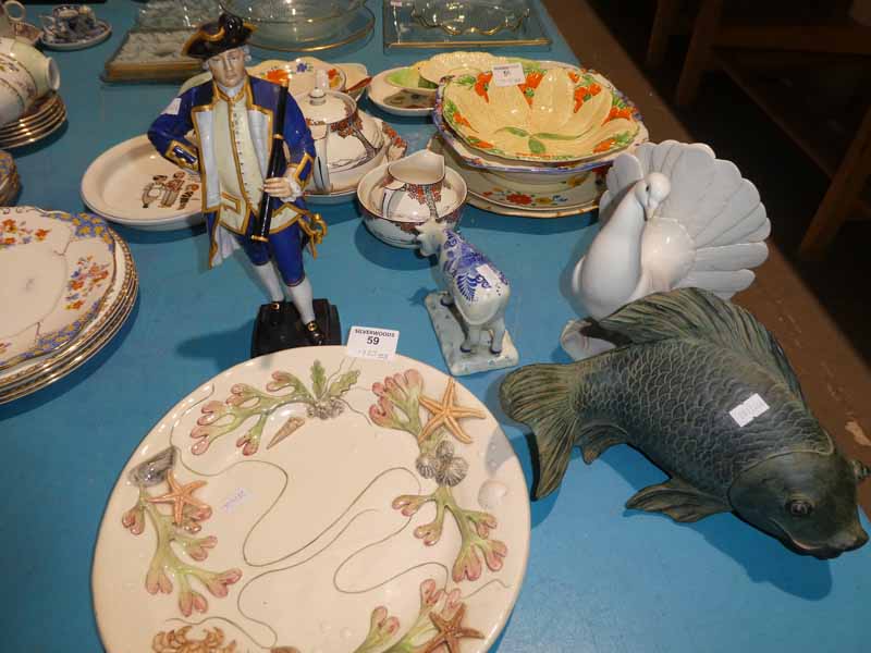 Five mixed ceramic items including Royal Worcester Admiral, Pottery Carp, Lladro dove, Delft cow and