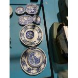 6 x Fentons Flow blue dinner plates and six items of blue and white including pickle dishes.