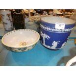 An Adams Blue Jasper pottery plant holder and a Denby fruit bowl