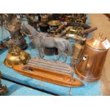 Copper coffeepot, horse doorstop, weaving shuttle and oil lamp