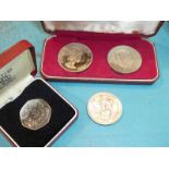 A Royal Mint proof 50p with EU Hands decoration, plus a cased pair of 1966 Jersey shillings, and a