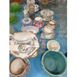 A mixture of table ceramics, pottery ornaments, Port Merion mantle clock, jug and bowl, glass etc