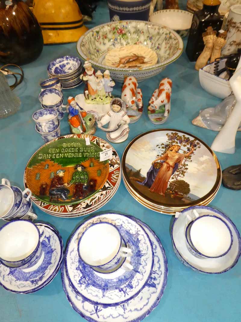 A selection of blue and white teaware, mixed plates and Staffordshire figures etc