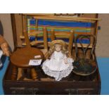 A small collection of dollhouse miniature furniture including: a milking stool, a pair of rush