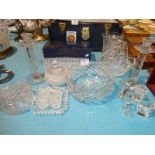 Box of assorted crystal items including Grace Darling hobnail boat, unusal crystal egg cup set etc