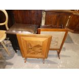 An oak bedside stool and two firescreens plus stained pine wall shelf