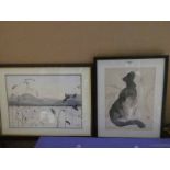 Japanese print, watercolour signed G. Cutler and Lancaster B MK1 unframed print of a blueprint