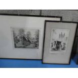 Matthew Henderson, drypoint etching Watermill and Bridge and Canterbury Cathederal Dark Entry