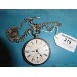 A 19th century silver cased pocket watch, white dial, seconds dial, silver fob chain with fob