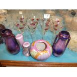 Set of six painted wine glasses, pink lustre vases and Paul Klee print (11)