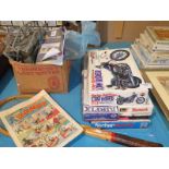 A collection of vintage toys including Airfix models, Fisher Technik Tower Crane, Harley Davidson