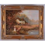 Les Parson (20th century) Girl on a path by a lake, oil on canvas, in a gilt frame, 29cm x 39cm
