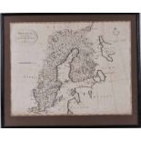 18th Century map of Sweden with Finland by T Bowen c1780, 31cm x 41.5cm, framed and glazed