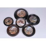 A group of 19th century Prattware pot lids including: The Village Wedding , Teniers Pinx (with