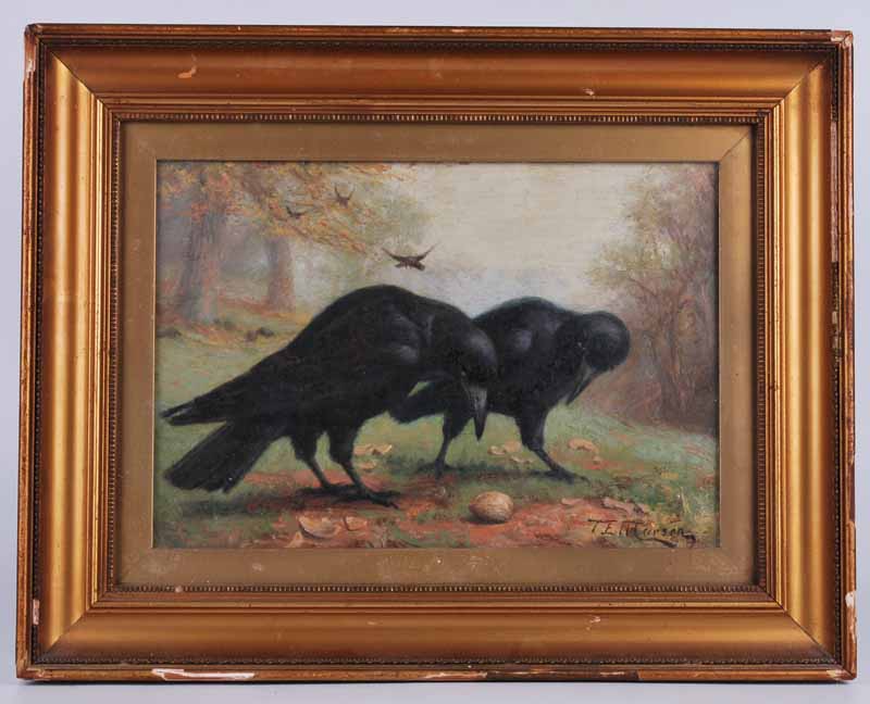 Thomas E. Marson (fl, 1899-1900) oil on canvas of two ravens on the ground with more in background