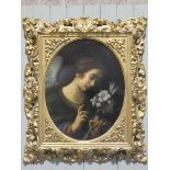 A Victorian oil on canvas devotional painting of an angel an angel with lilies