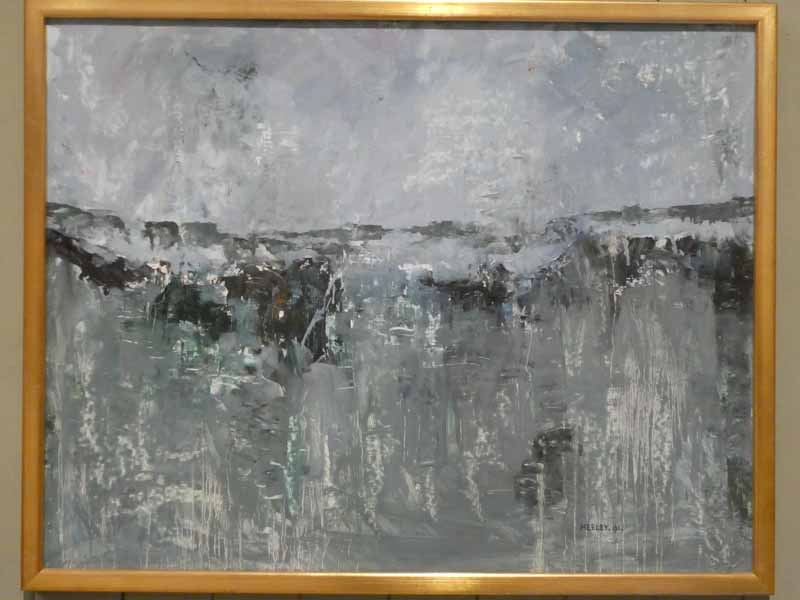 Edward Heeley (1935-2011) oil on canvas abstract landscape of rain across the bay, signed lower