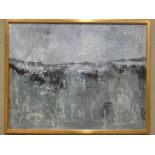 Edward Heeley (1935-2011) oil on canvas abstract landscape of rain across the bay, signed lower