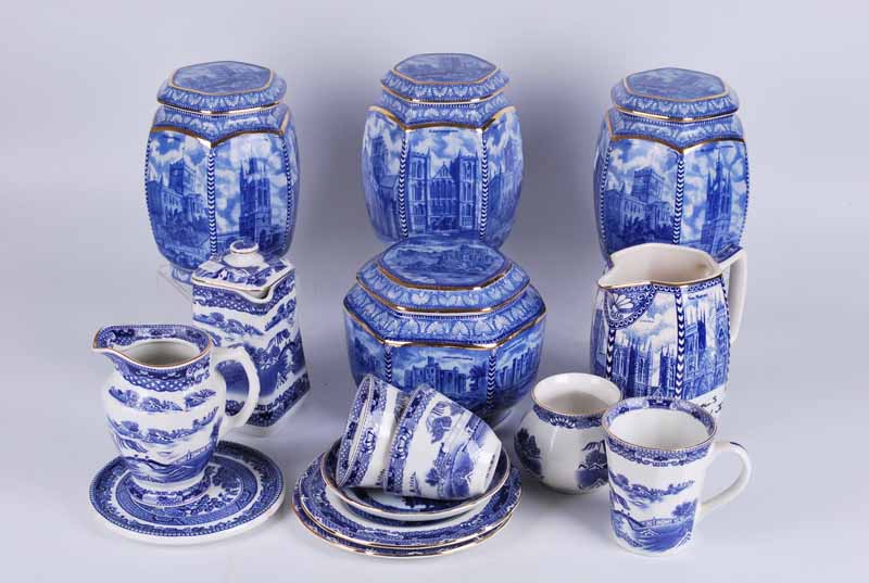 Collection of Rington's Blue & White including Willow pattern teaware and hexagonal storage jars