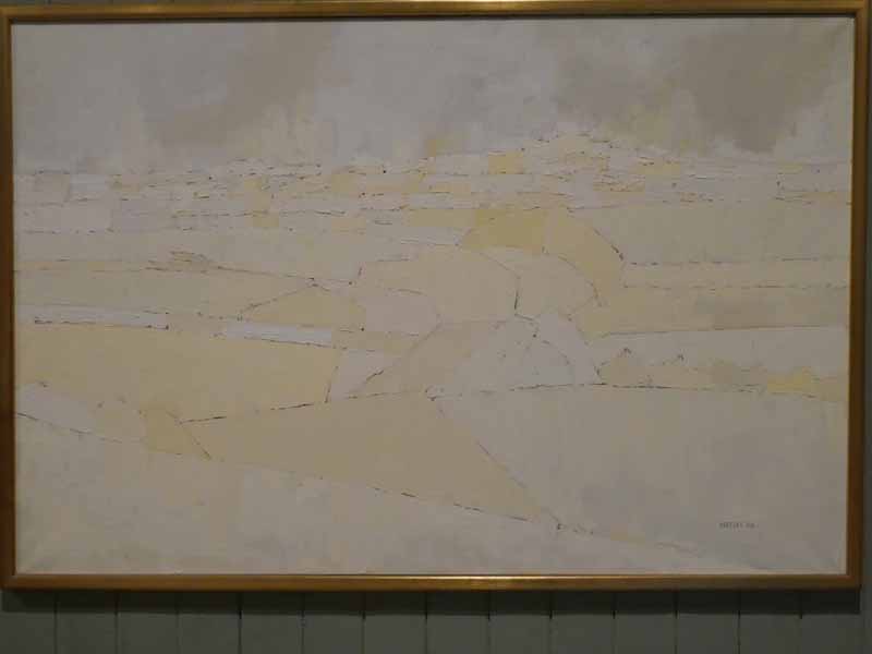 Edward Heeley (1935-2011) oil on canvas abstract country landscape study in cream, signed lower