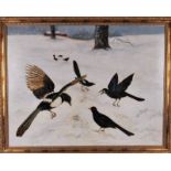 Unatributed. Magpies, crows etc in the snow, oil on board, in gold coloured frame 69cm x 90cm