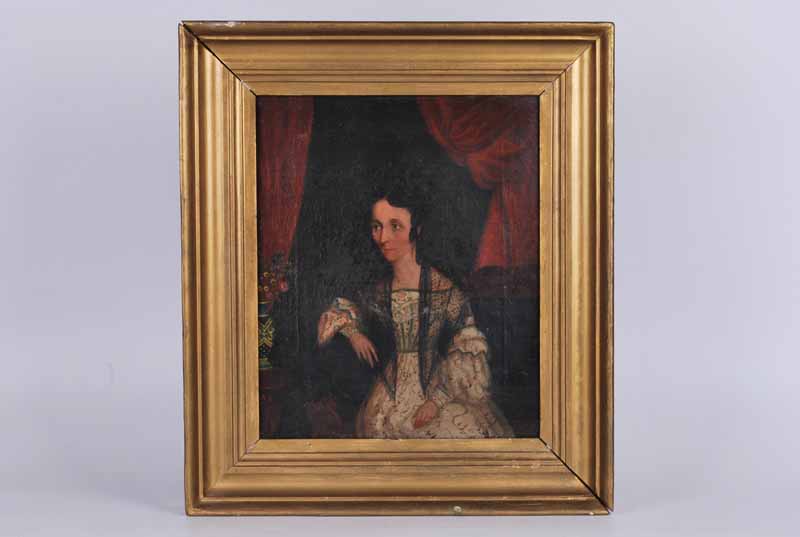 Early 19th Century naïve portrait of a lady in lace shawl 30.5cm x 25.5cm in gilt frame