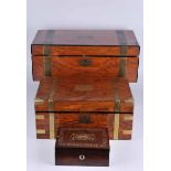 Two large 19th century walnut travelling writing slopes and a brass inlaid walnut box, 50.5cm and