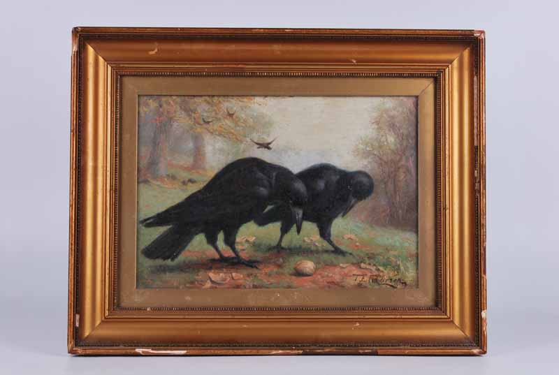 Thomas E. Marson (fl, 1899-1900) oil on canvas of two ravens on the ground with more in background - Image 2 of 2