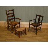 An early to mid 20th century childs ladder back carver chair and stool, both with rush seats, plus a