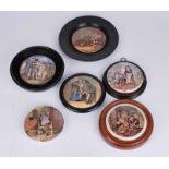 A group of 19th century Prattware pot lids including: Embarking for the East , Uncle Toby , The