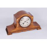 Edwardian walnut two train mantle clock, striking and chiming on rods, inlay to the front