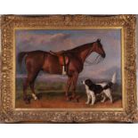 Unsigned oil on canvas of hunting horse and spaniel in a landscape setting, in a gilt frame, relined