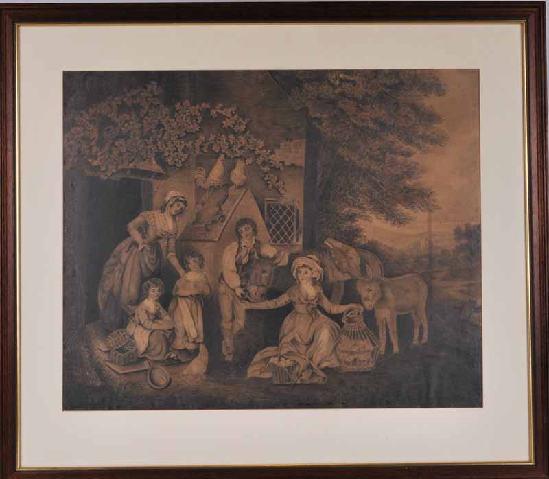 After George Morland print of country scene with figures 43.5cm x 54cm, framed and glazed