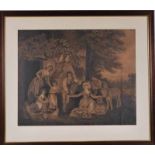 After George Morland print of country scene with figures 43.5cm x 54cm, framed and glazed