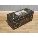 A Welsh sailmakers chest c1910 featuring a naively painted panel with the schooner John Llewelyn and