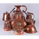 Collection of antique and vintage copper including haystack jug, kettle, three jelly moulds,