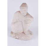 Stone carved sculpture of seated female with hands around knees 45cm x 30cm x 22cm