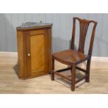 A George III saddle seat oak hall chair, plus Edwardian pine corner cupboard with brass knobs,