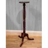 A tall Mahogany torchere with spiral twist column and support with down swept legs