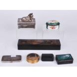 A small group of snuff, trinket and patch boxes includinga souvenir of Blackpool, snuff box with