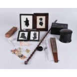 A group of collectables to include bisque piano doll, Echo harmonica by M. Honer, a bone Stanhope of